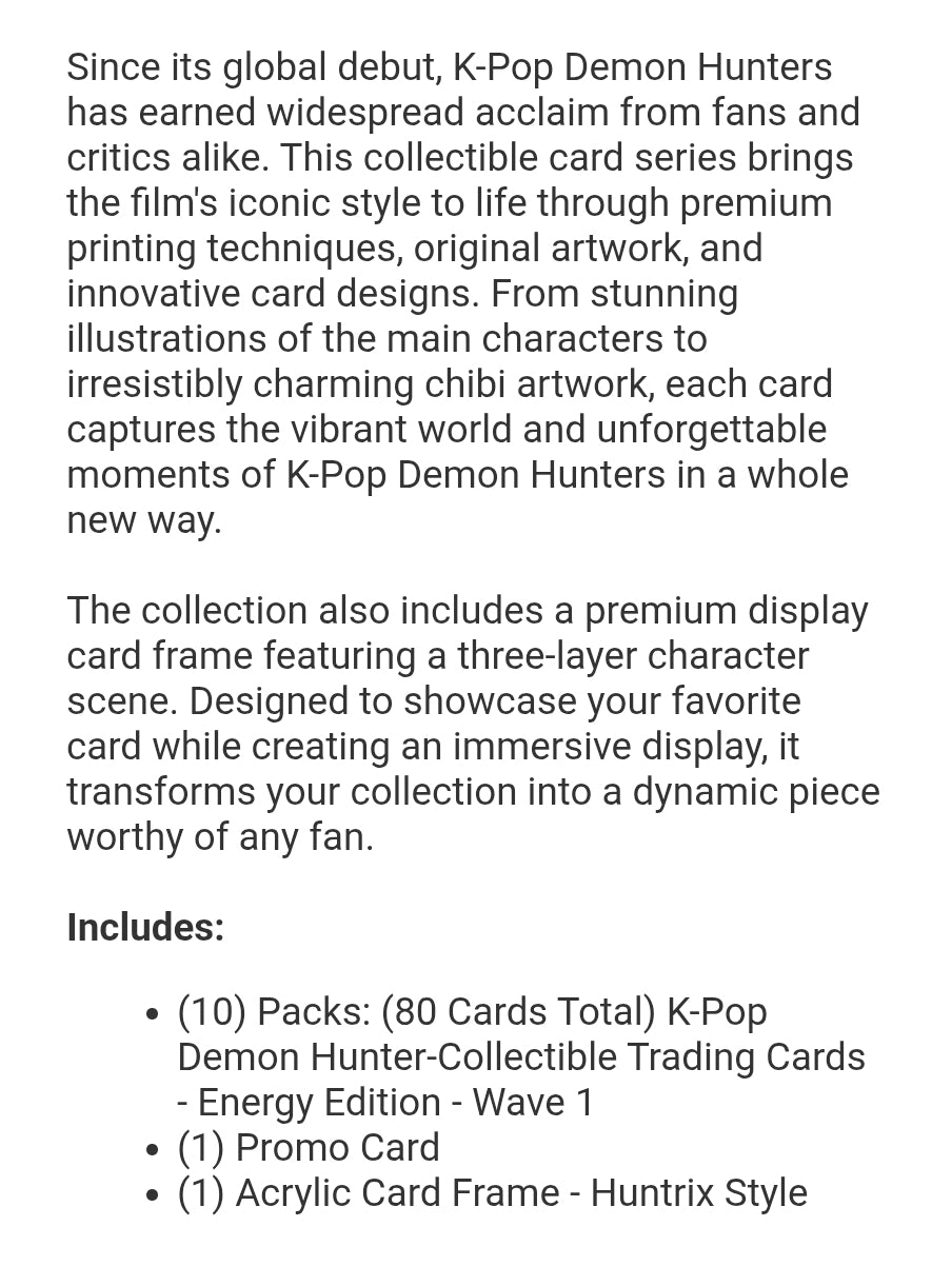 New
Kayou - K-Pop Demon Hunters - Huntrix - Energy Edition Trading Cards and Holder
Item